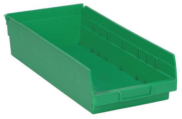 Shelf Storage Bin, Green, Polypropylene, 17 7/8 in L x 8 3/8 in W x 4 in H, 50 lb Load Capacity
