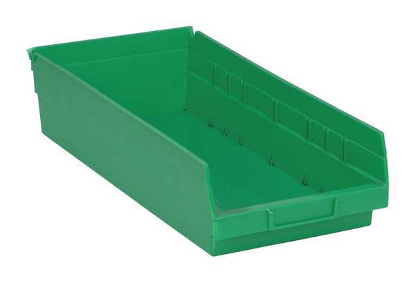 Shelf Storage Bin, Green, Polypropylene, 17 7/8 in L x 8 3/8 in W x 4 in H, 50 lb Load Capacity