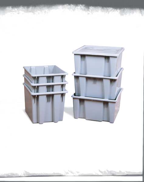 Stack & Nest Bin, Gray, Plastic, 23 1/2 in L x 19 1/2 in W x 10 in H, 100 lb Load Capacity