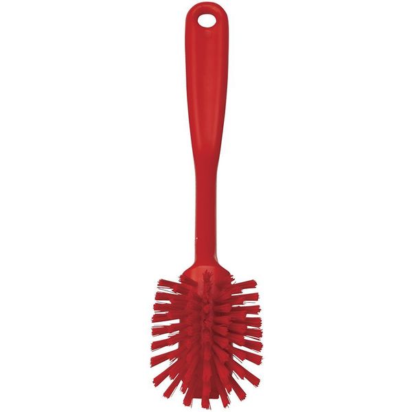 2 25/64 in W Dish Brush, Medium, 8 in L Handle, 3 1/8 in L Brush, Red, Plastic, 10 1/2 in L Overall