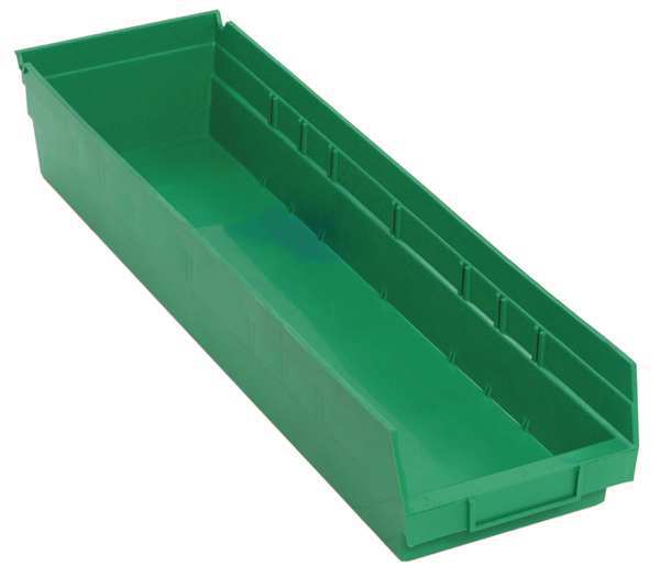 Shelf Storage Bin, Green, Polypropylene, 23 5/8 in L x 6 5/8 in W x 4 in H, 50 lb Load Capacity