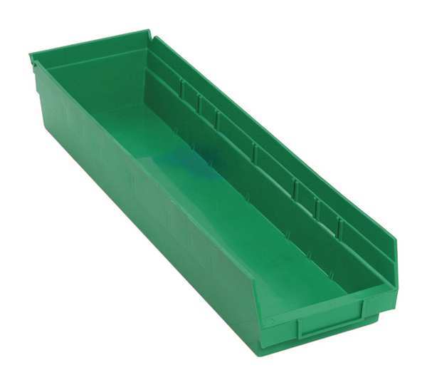 Shelf Storage Bin, Green, Polypropylene, 23 5/8 in L x 6 5/8 in W x 4 in H, 50 lb Load Capacity