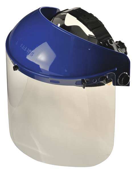 Ratchet Face Shield Assembly, PETG, Uncoated, Clear Visor, Blue, 8 in Visor Height