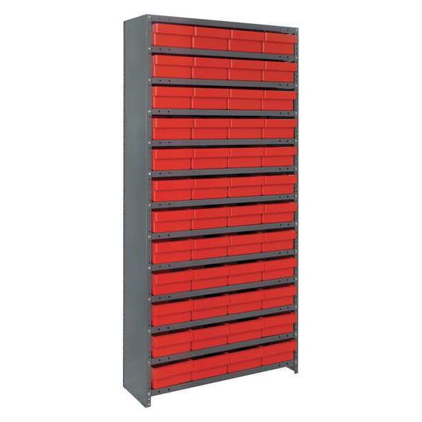 Steel Enclosed Bin Shelving, 36 in W x 75 in H x 18 in D, 13 Shelves, Gray/Red