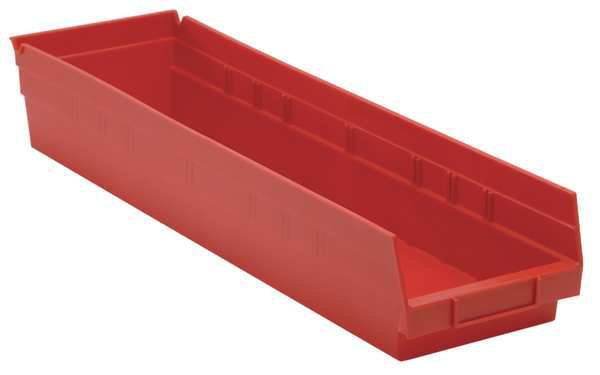 Shelf Storage Bin, Red, Polypropylene, 23 5/8 in L x 6 5/8 in W x 4 in H, 50 lb Load Capacity