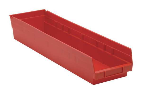 Shelf Storage Bin, Red, Polypropylene, 23 5/8 in L x 6 5/8 in W x 4 in H, 50 lb Load Capacity