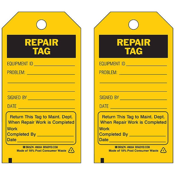 Rpr Tag, 5-3/4 x 3 In, Bk/Yel, 3/8 In, PK10