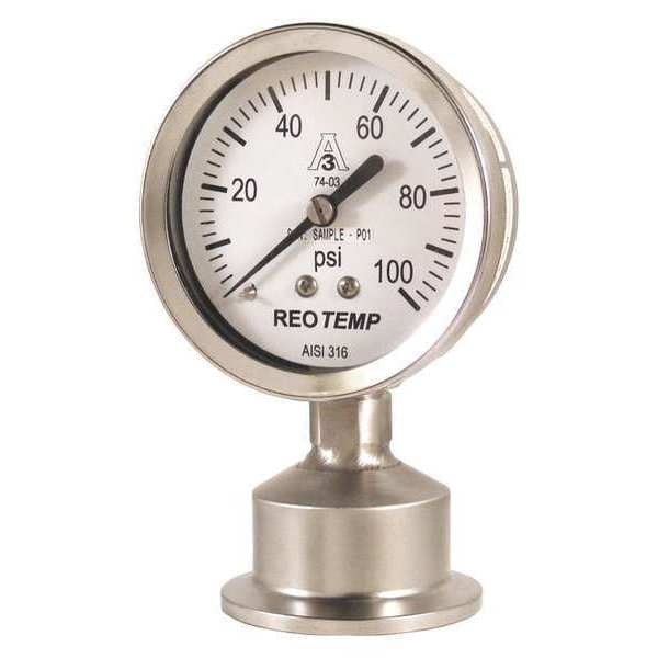 Pressure Gauge, 0 to 100 psi, 1 1/2 in Triclamp, Stainless Steel, Silver