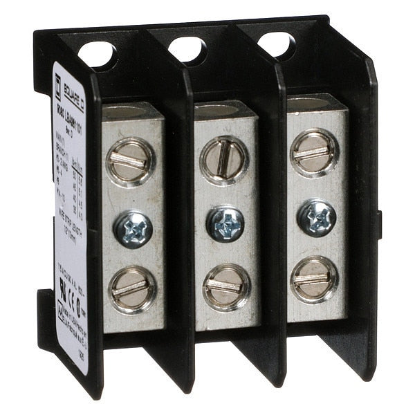 Miniature Distribution Block, Surface Mount, 3 Poles, 14 AWG to 2 AWG, 115 A, 600 V AC/DC, Black
