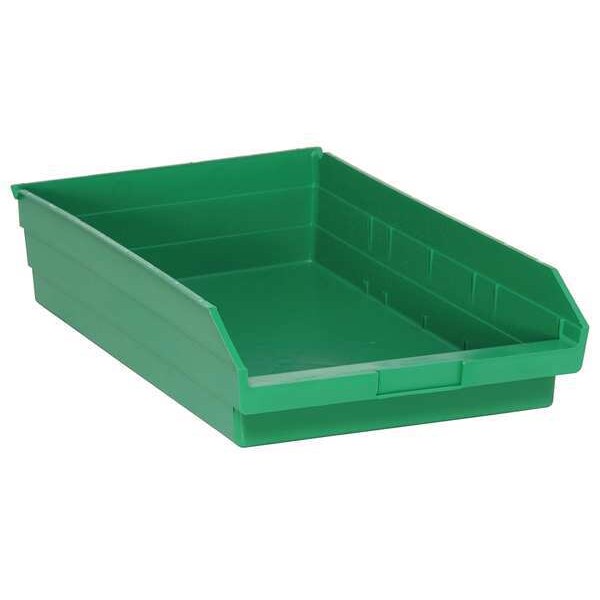 Shelf Storage Bin, Green, Polypropylene, 17 7/8 in L x 11 1/8 in W x 4 in H, 50 lb Load Capacity
