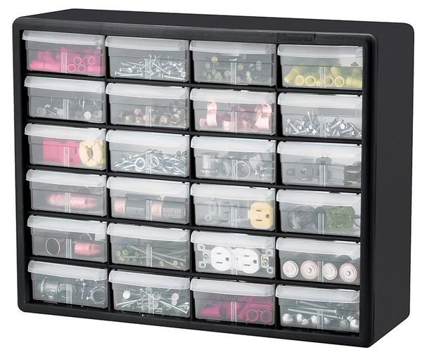 Drawer Bin Cabinet with 24 Drawers, Plastic, 20 in W x 15 3/4 in H x 6 1/2 in D