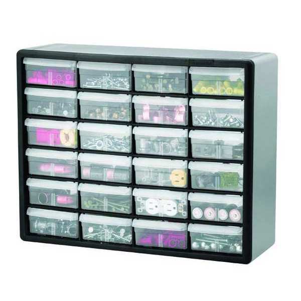 Drawer Bin Cabinet with 24 Drawers, Plastic, 20 in W x 15 3/4 in H x 6 1/2 in D