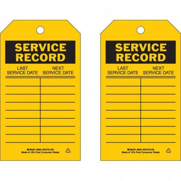 Svce Rcd Tag, 7 x 4 In, Bk/Yel, Met, PK10