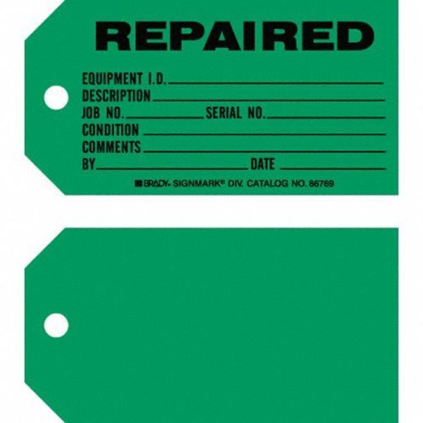 Repaired Tag, 3 x 5-3/4 In, Bk/Grn, PK100