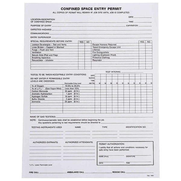 Confined Space Entry Permits, Paper