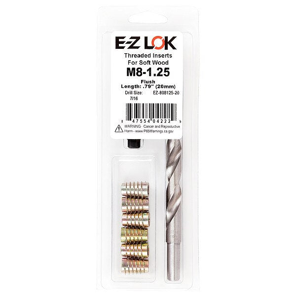 Thread Repair Kit, Hex Drive Threaded Inserts, M8-1.25, Hexavalent Chromium Zinc, 6 Inserts