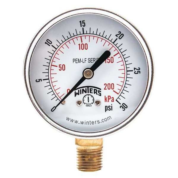 Pressure Gauge, 0 to 30 psi, 1/4 in MNPT, Steel, Black
