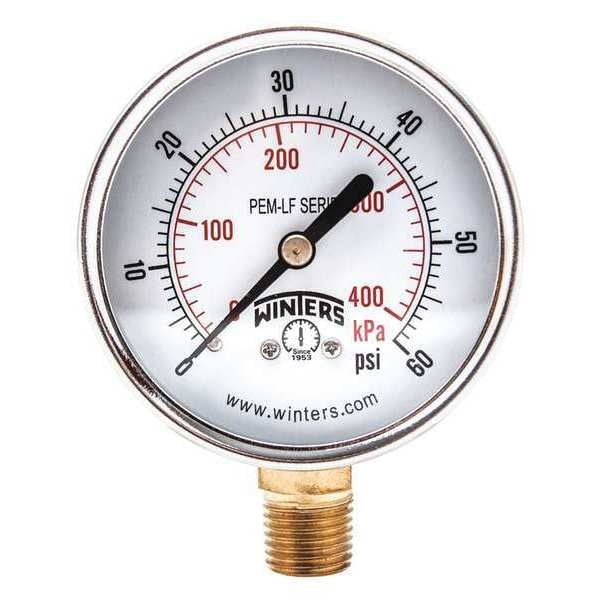 Pressure Gauge, 0 to 60 psi, 1/4 in MNPT, Steel, Black