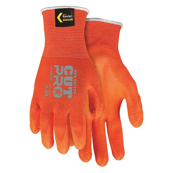 Hi-Vis Cut Resistant Coated Gloves, A4 Cut Level, Polyurethane, XL, 1 PR