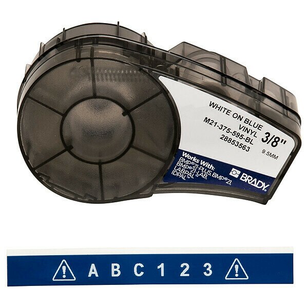 All Weather Permanent Adhesive Vinyl Label Tape, 3/8 in W x 21 ft L, White on Blue
