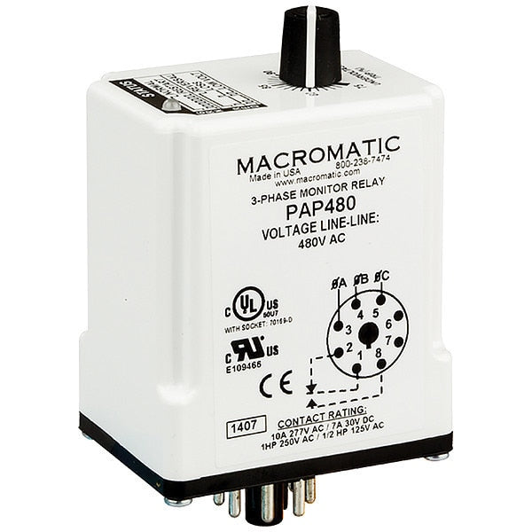 3 Phase Monitor Relay, SPDT, 480VAC, 8 Pin
