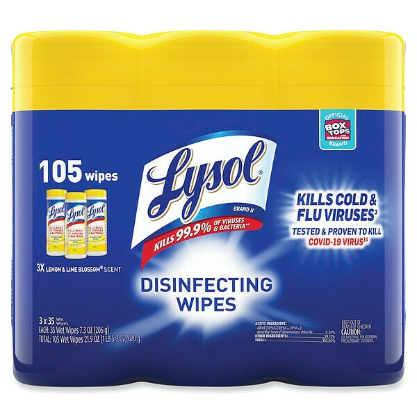 Disinfecting Wipes, White, Canister, Nonwoven Fiber, 12 PK, 35 Wipes, 7 in x 8 in