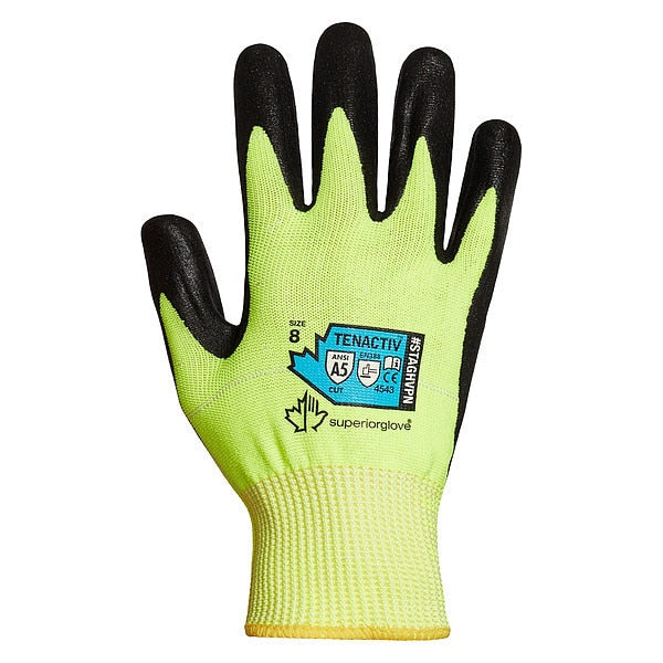 Hi-Vis Cut Resistant Coated Gloves, A5 Cut Level, Nitrile, 10, 1 PR