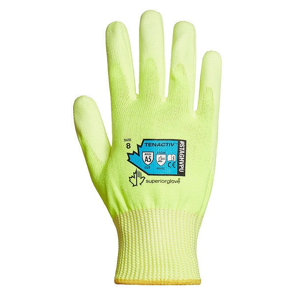 Hi-Vis Cut Resistant Coated Gloves, A5 Cut Level, Polyurethane, 5, 1 PR