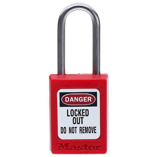 Zenex Thermoplastic Padlock, 1-3/8 in Wide, 1-1/2 in H, Stainless Steel Shackle, Key Retaining, Red