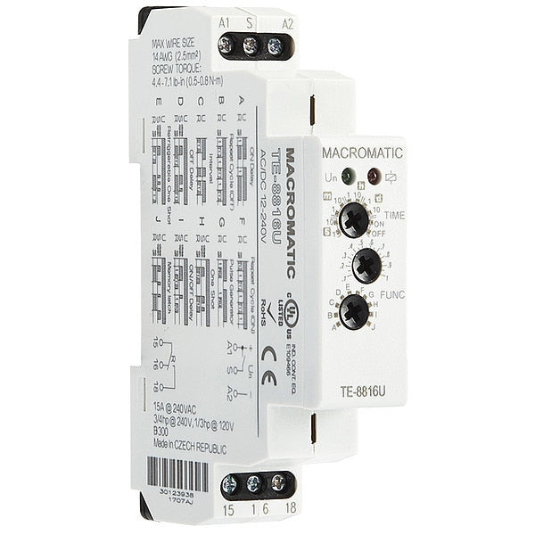 Time Delay Rlay, 12 to 240VAC/DC, 15A, SPDT