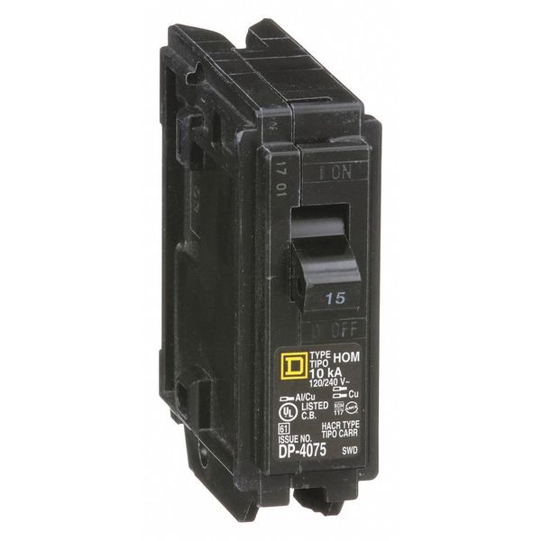 Miniature Circuit Breaker, 15 A, 120V AC, 1 Pole, Plug In Mounting Style, HOM Series