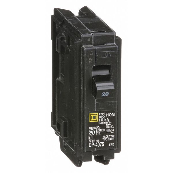 Miniature Circuit Breaker, 20 A, 120V AC, 1 Pole, Plug In Mounting Style, HOM Series