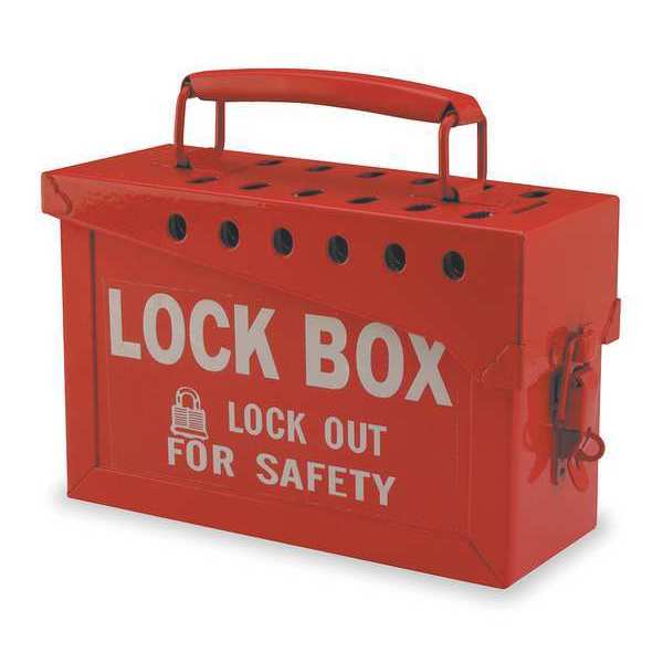 Lockout Tagout Portable Group Lock Box, Steel, Hinged, 13 Padlocks, 6 in x 8.9 in x 3.5 in, Red