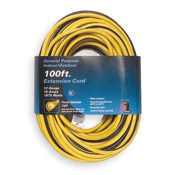Lighted Extension Cord, 12 AWG, 100 ft, 3 Conductors, SJTW, 125V AC, NEMA 5-15, Yellow/Black Stripe
