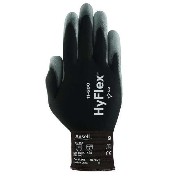 Polyurethane Coated Gloves, Palm Coverage, Black, 9, PR