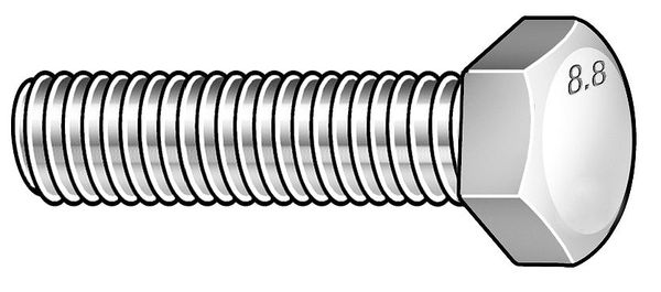 Class 8.8, M12-1.25 Hex Head Cap Screw, Zinc Plated Steel, 30 mm L, 25 PK