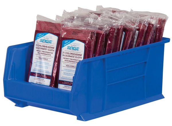 Storage Bin, Blue, Plastic, 20 in L x 12 3/8 in W x 8 in H, 200 lb Load Capacity