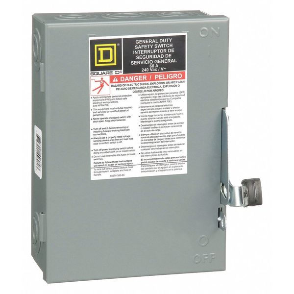 Nonfusible Safety Switch, General Duty, 240V AC, 3PST, 60 A, NEMA 1
