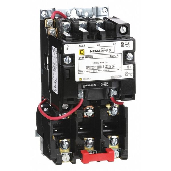 Nonreversing Magnetic Motor Starter, No Enclosure NEMA Rating, 120V AC, 3 Poles