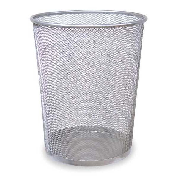 5 gal Round Wastebasket, Silver, 11 1/2 in Dia, None, Steel