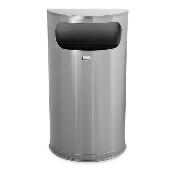 9 gal Half-Round Trash Can, Satin Stainless Steel, 17 1/2 in Dia, None