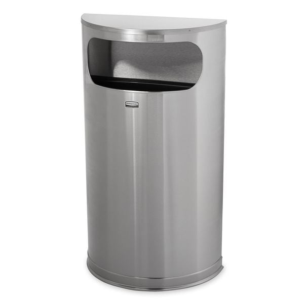 9 gal Half-Round Trash Can, Satin Stainless Steel, 17 1/2 in Dia, None