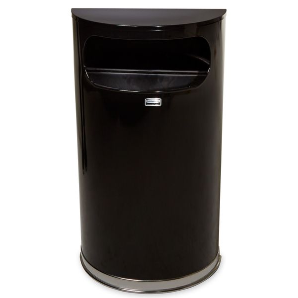 9 gal Half-Round Trash Can, Black, 17 1/2 in Dia, None, Steel/Chrome, Rigid Plastic