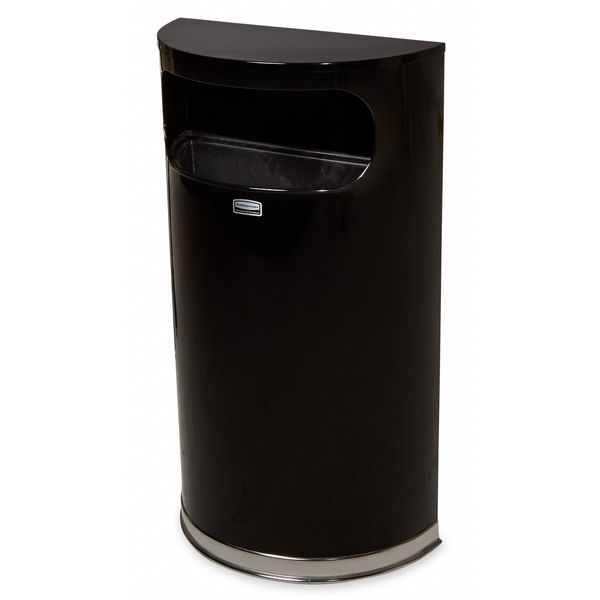 9 gal Half-Round Trash Can, Black, 17 1/2 in Dia, None, Steel/Chrome, Rigid Plastic