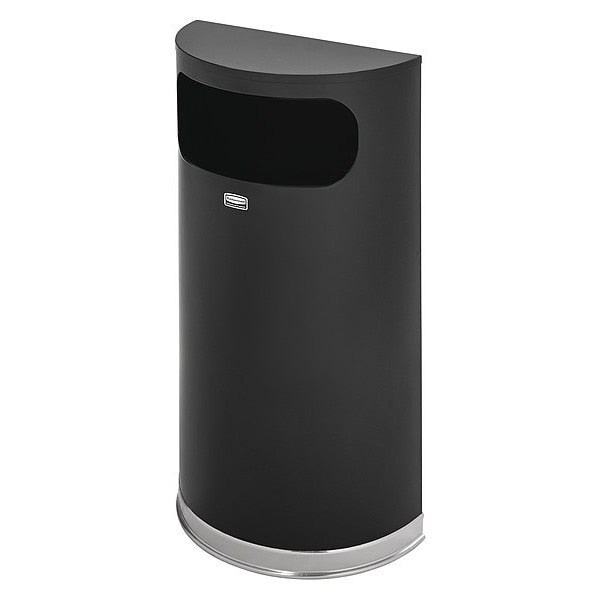 9 gal Half-Round Trash Can, Black, 17 1/2 in Dia, None, Steel/Chrome, Rigid Plastic