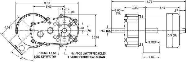 AC Gearmotor, 1,100.0 in-lb Max. Torque, 6.5 RPM Nameplate RPM, 115/230V AC Voltage, 1 Phase
