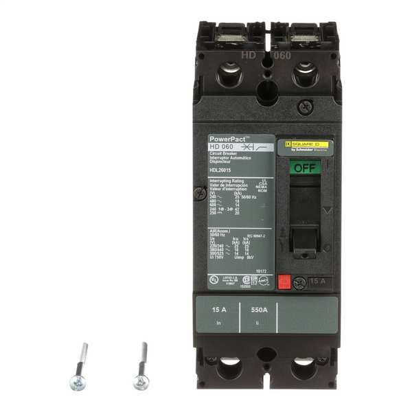 Molded Case Circuit Breaker, 15 A, 600V AC, 2 Pole, Free Standing Mounting Style, HD Series