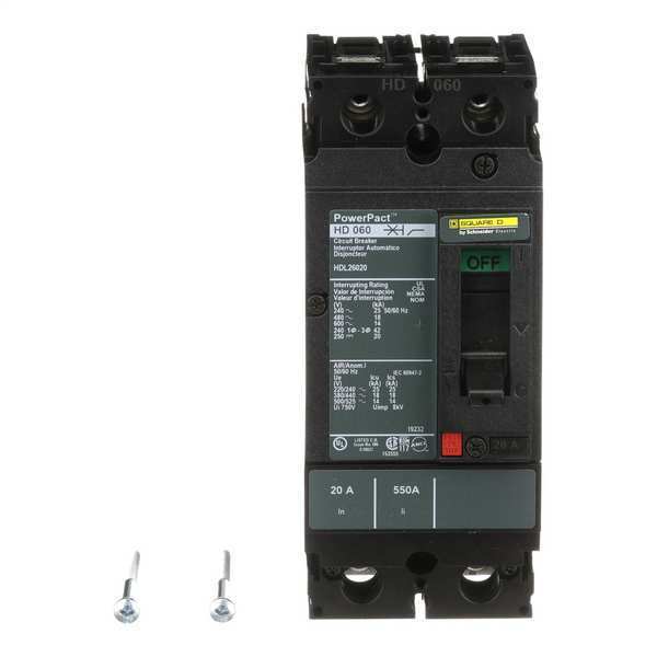 Molded Case Circuit Breaker, 20 A, 600V AC, 2 Pole, Free Standing Mounting Style, HD Series