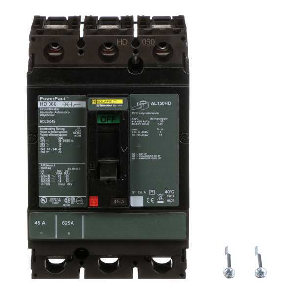 Molded Case Circuit Breaker, 45 A, 600V AC, 3 Pole, Free Standing Mounting Style, HD Series