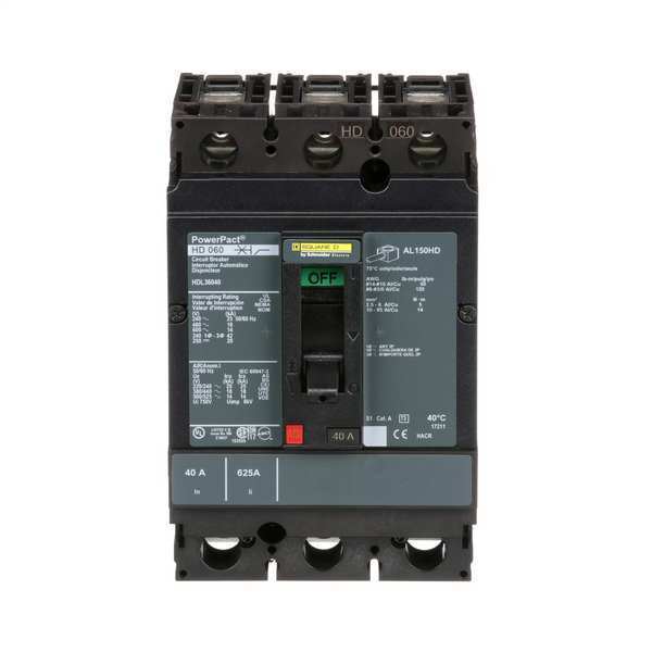 Molded Case Circuit Breaker, 40 A, 600V AC, 3 Pole, Free Standing Mounting Style, HD Series